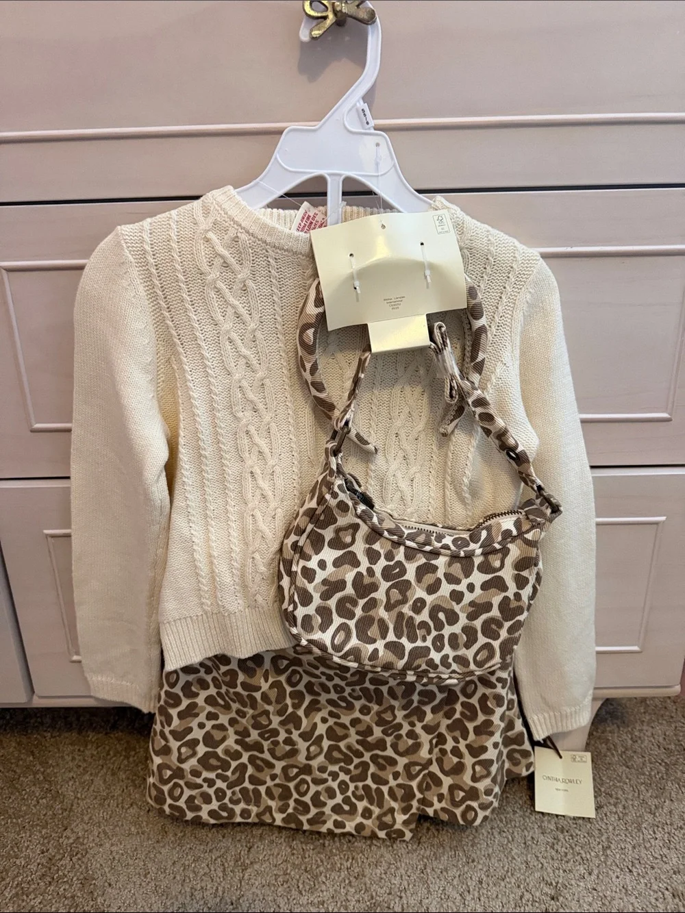 Cynthia Rowley Kids Cream Cable Knit Sweater with Beige Leopard Skirt & Purse